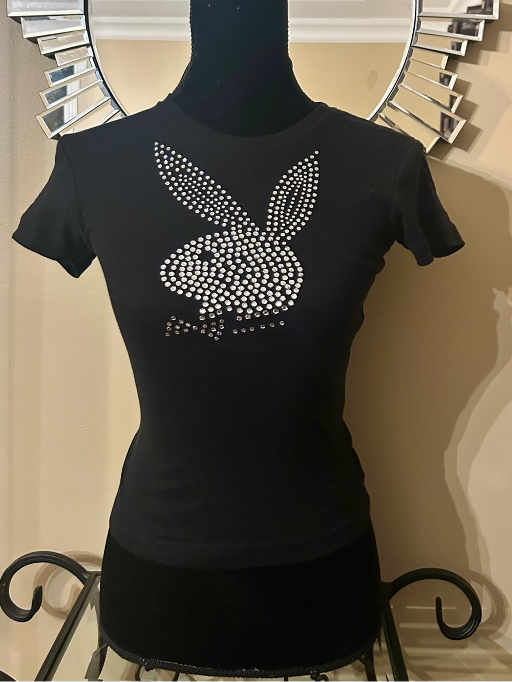 PLAYBOY Black Tee with Silver Rhinestone Bunny